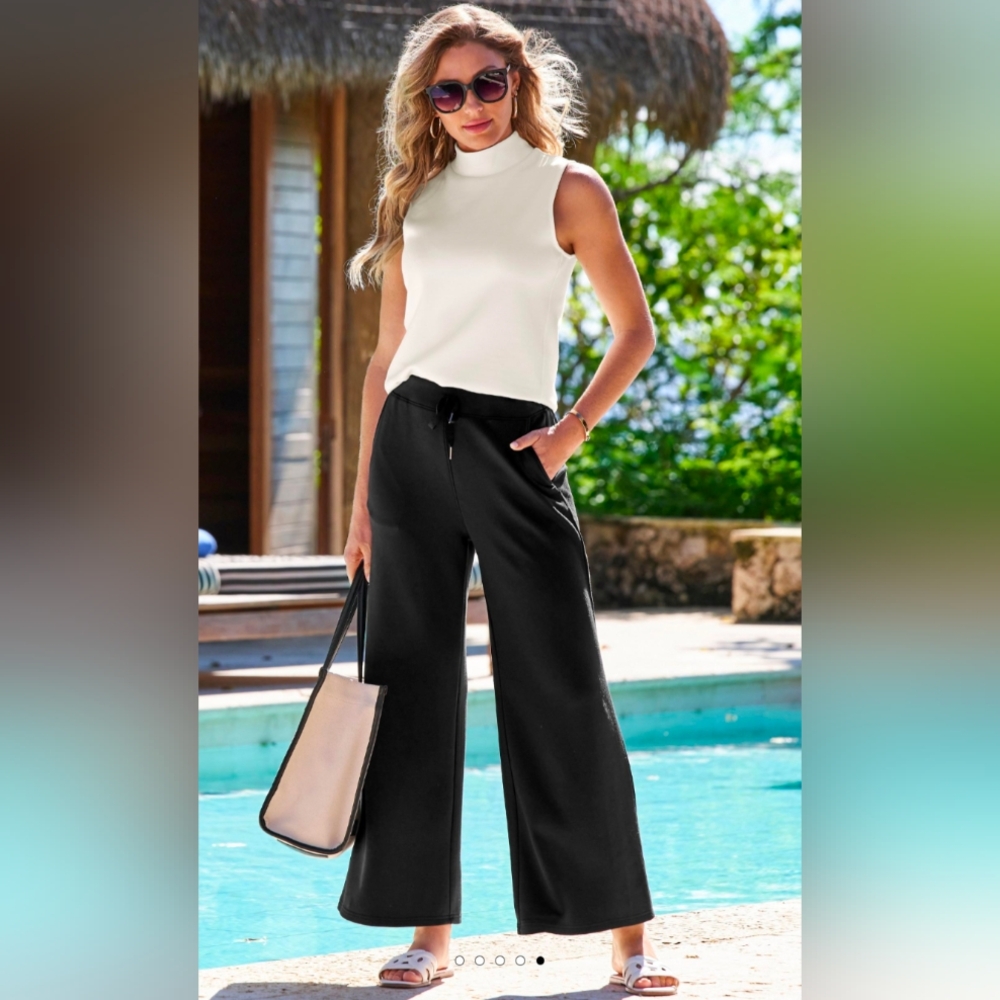 Boston Proper Large Black Luxe Knit Lounge Drawstring Pockets Wide Leg Pants